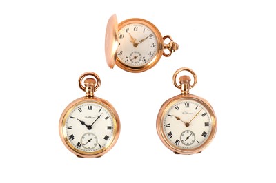 Lot 174 - 3 GOLD POCKET WATCHES. Waltham: A 9K gold coin...