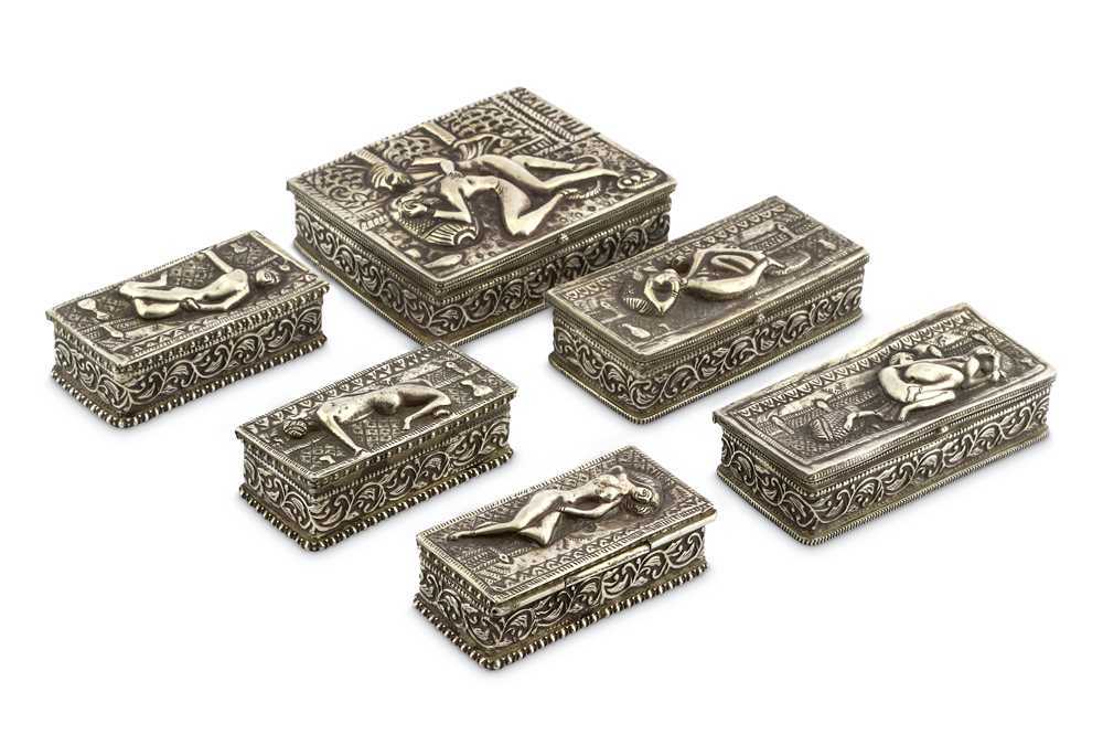 Lot 1015 - Silver Repousse Lidded Boxes with Erotic Scenes