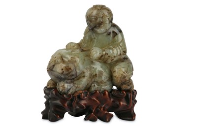 Lot 291 - A CHINESE CELADON JADE 'BOY AND CAT’ GROUP....