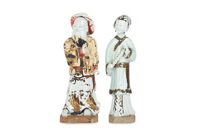 Lot 98 - TWO CHINESE WHITE-GLAZED, LATER-ENAMELLED BISCUIT FIGURE