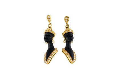 Lot 160 - A pair of wood and diamond Blackamoor earrings...