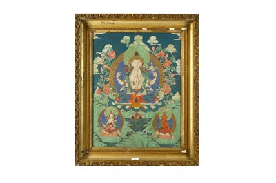 Lot 271 - A Tibetan Thangka depicting a Buddha flanked...