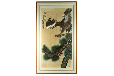 Lot 273 - A large oriental painting of an eagle in...