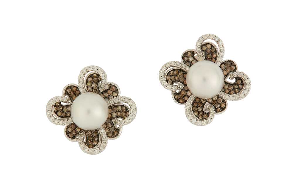 Lot 16 - A pair of cultured pearl and diamond earrings...