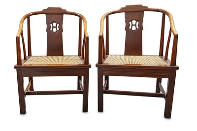 Lot 449 - A PAIR OF CHINESE HARDWOOD CHAIRS WITH RATTAN...