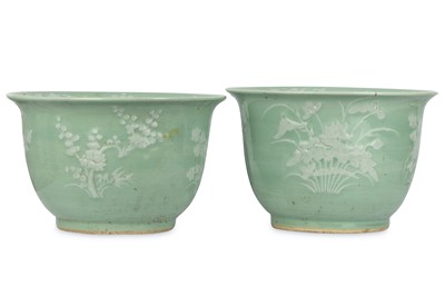 Lot 432 - A PAIR OF CHINESE CELADON-GLAZED...