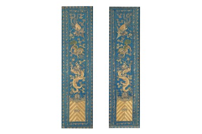 Lot 595 - A PAIR OF CHINESE SILK BLUE-GROUND EMBROIDERED...