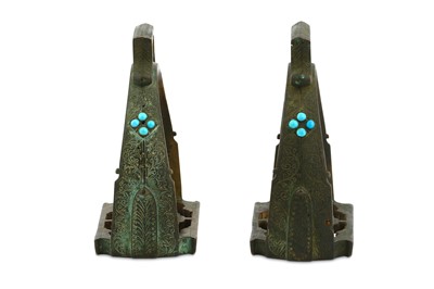 Lot 69 - A PAIR OF TURQUOISE-ENCRUSTED BRONZE STIRRUPS
