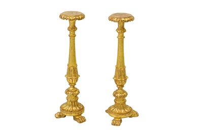 Lot 386 - A pair of giltwood torcheres, with lotus...