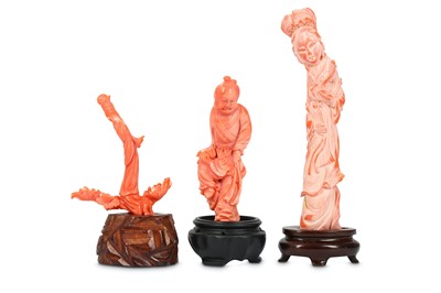 Lot 56 - THREE CHINESE CORAL CARVINGS. Early 20th...