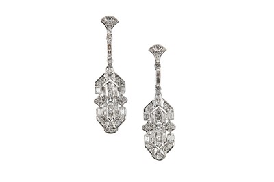 Lot 177 - A pair of diamond pendent earrings  Each...