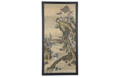 Lot 946 - A CHINESE LANDSCAPE PAINTING ON SILK.