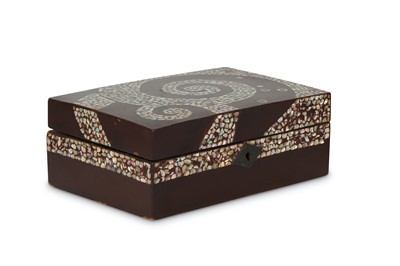 Lot 242 - A KOREAN LACQUER WOOD MOTHER OF PEARL-INLAID BOX AND COVER.