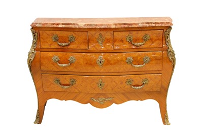 Lot 348 - A Louis XV style parquetry inlaid bombe...