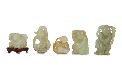 Lot 742 - FIVE CHINESE JADE FIGURATIVE CARVINGS.