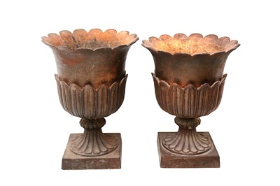 Lot 490 - A pair of cast iron urn form planters, on...