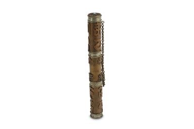 Lot 221 - A Tibetan cylindrical copper scroll holder,...