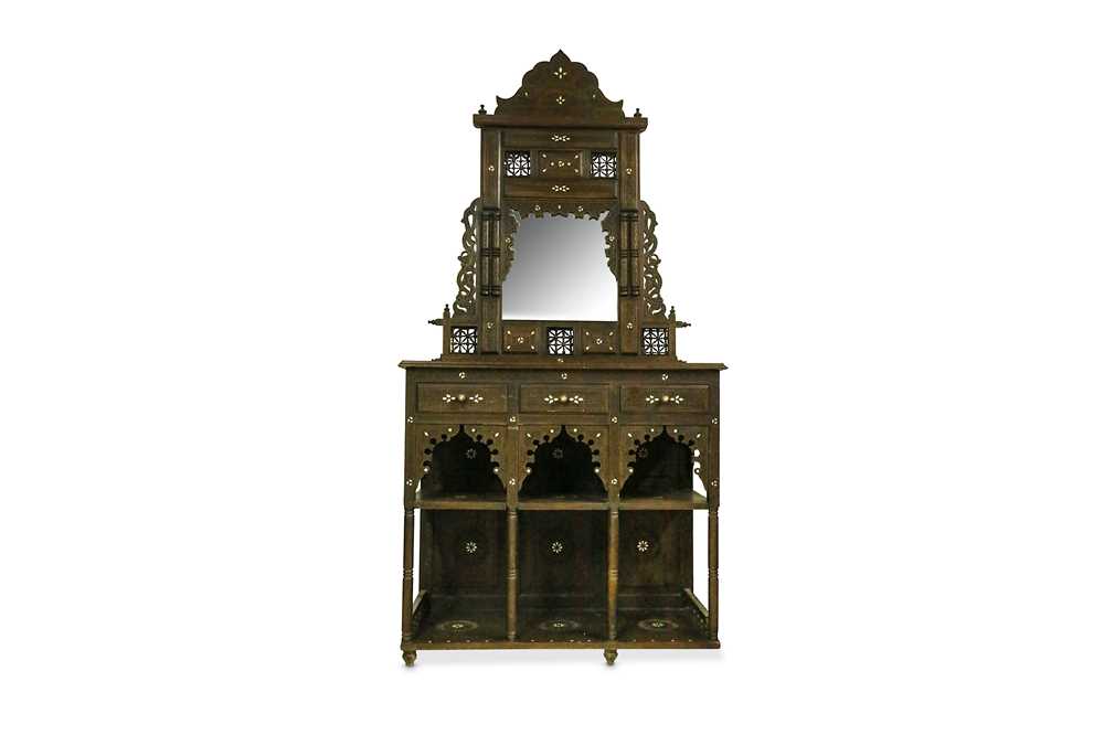 Lot 105 - A CARVED HARDWOOD BONE-INLAID SYRIAN HANGING MIRROR AND CUPBOARD
