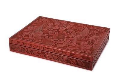 Lot 236 - A CHINESE CINNABAR LACQUER RECTANGULAR 'PARADISE FLYCATCHERS' BOX AND COVER.