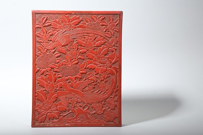 Lot 42 - A CHINESE CINNABAR LACQUER RECTANGULAR 'PARADISE FLYCATCHERS' BOX AND COVER.