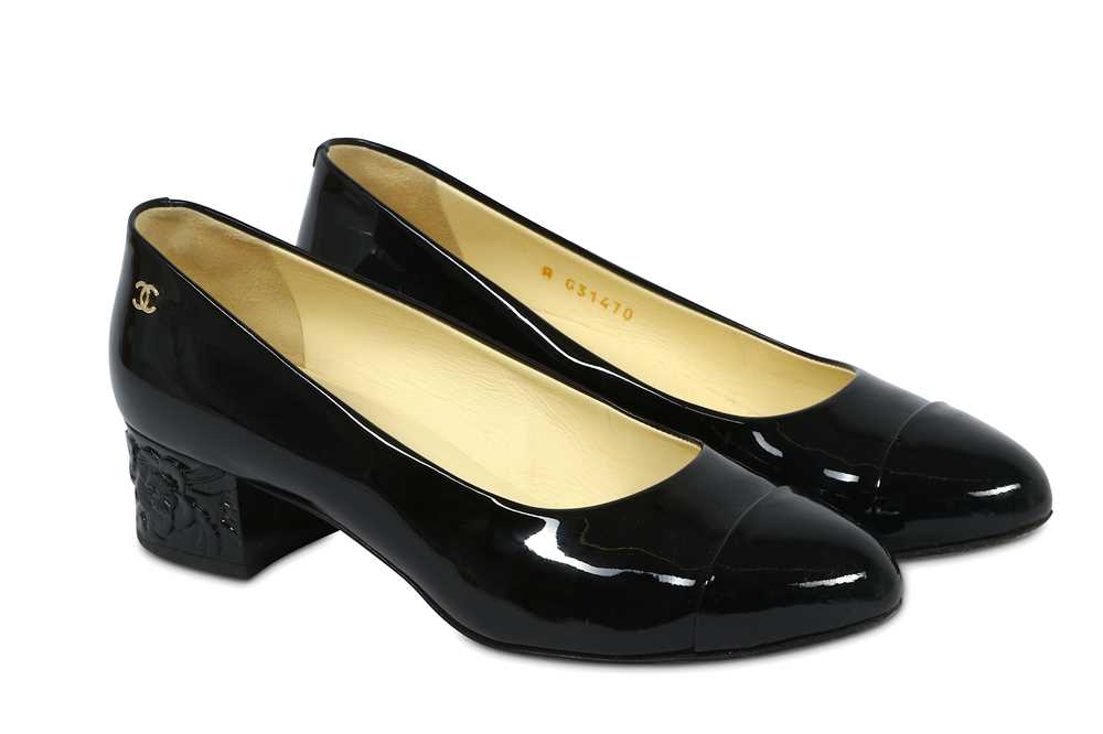 black patent leather block heel pumps