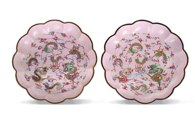 Lot 77 - A PAIR OF CHINESE PINK-GROUND CANTON ENAMEL...