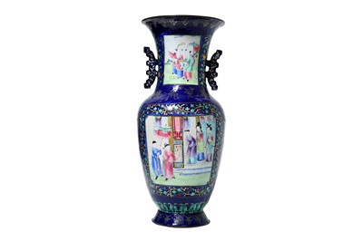 Lot 399 - A CHINESE CANTON ENAMEL BLUE-GROUND BALUSTER...