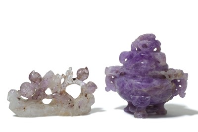 Lot 114 - A CHINESE AMETHYST INCENSE BURNER AND COVER...