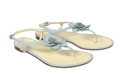 Lot 305 - Chanel Pale Blue Leather Camellia Sandals - size 38