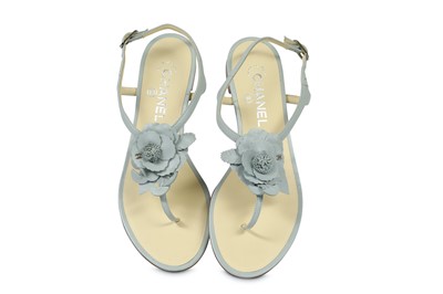 Lot 305 - Chanel Pale Blue Leather Camellia Sandals - size 38