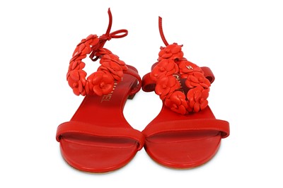 Lot 251 - Chanel Red Leather Camellia Ankle Strap Sandals - size 36.5