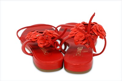 Lot 251 - Chanel Red Leather Camellia Ankle Strap Sandals - size 36.5