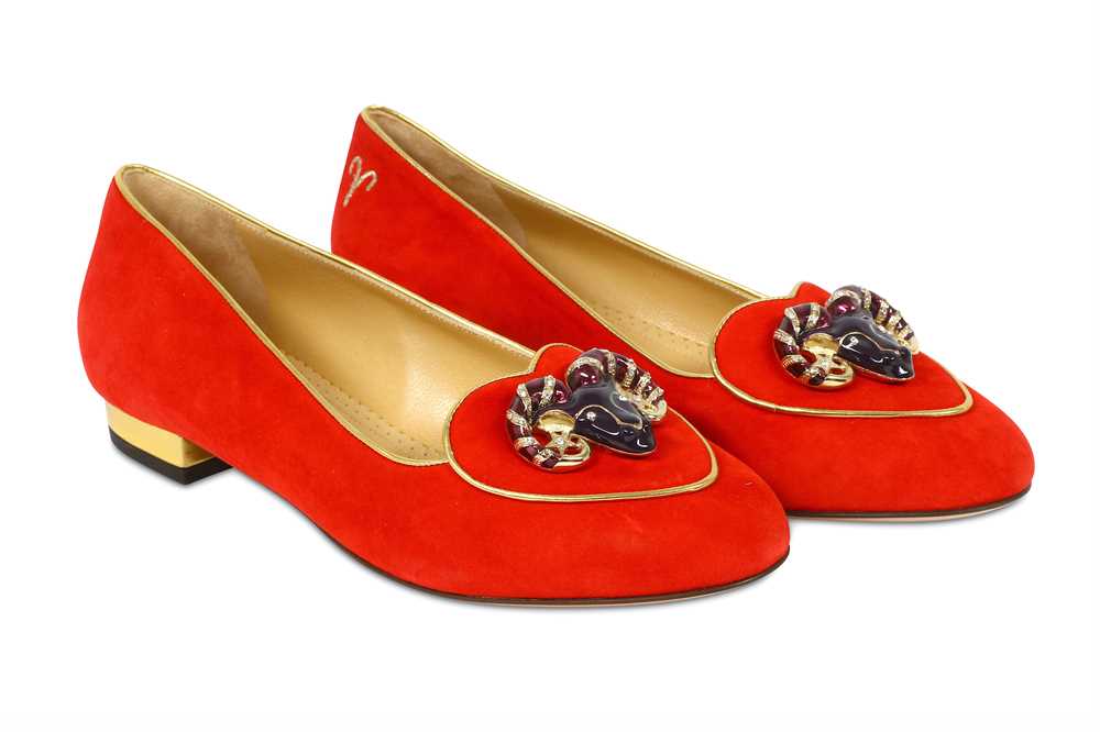 Lot 89 - Charlotte Olympia Zodiac Red Suede Smoking Slippers - size 37