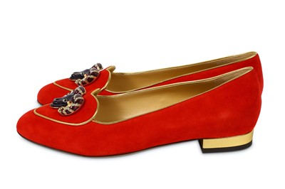 Lot 89 - Charlotte Olympia Zodiac Red Suede Smoking Slippers - size 37