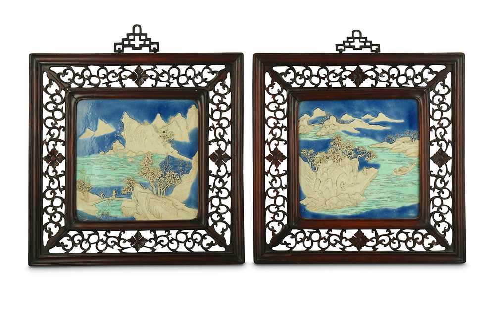 Lot 59 - A PAIR OF CHINESE GLAZED BISCUIT 'LANDSCAPE'...