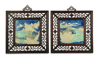 Lot 59 - A PAIR OF CHINESE GLAZED BISCUIT 'LANDSCAPE'...