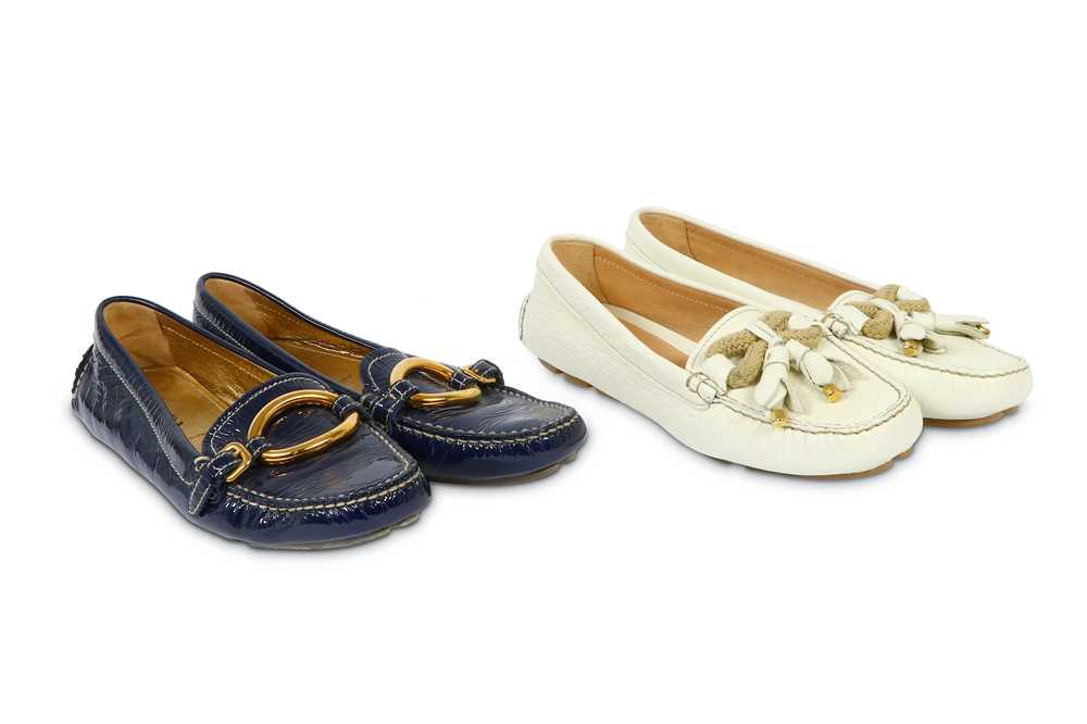 Lot 104 - Two Pairs of Prada Loafers in Navy and Ivory - size 36.5 and 37