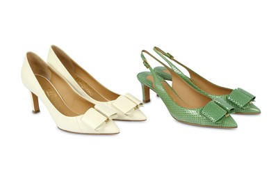 Lot 181 - Two pairs of Salvatore Ferragamo Python Heeled Pumps - size 37.5