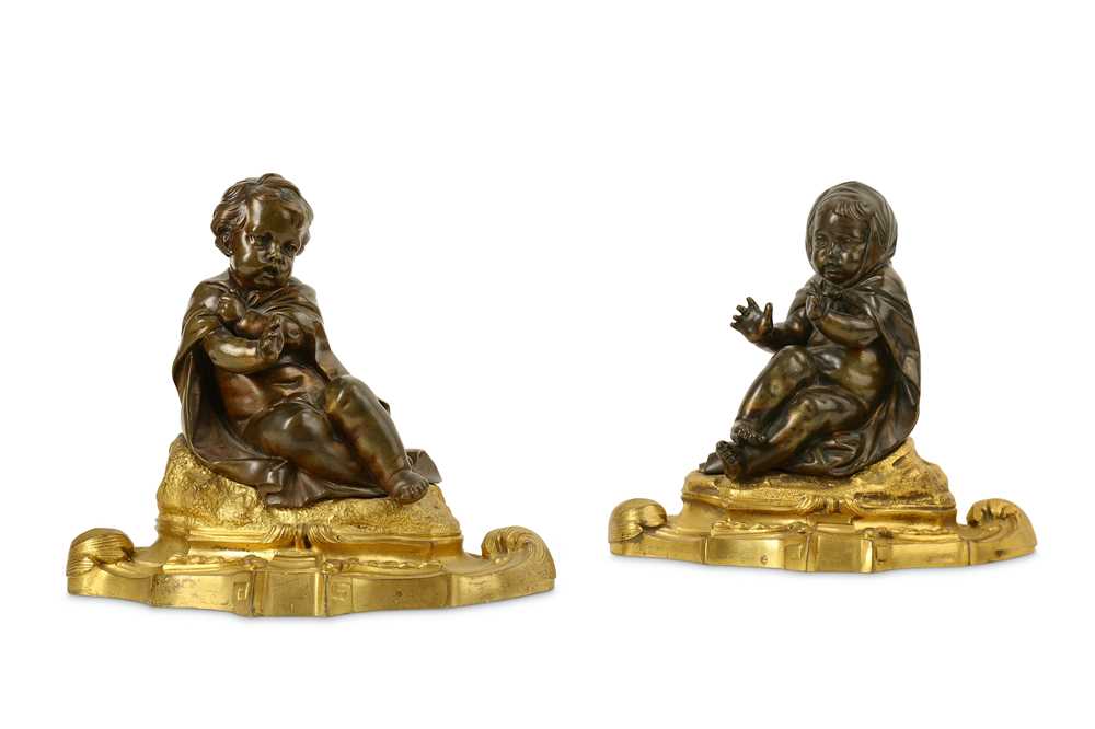 Lot 48 - A PAIR OF LATE 18TH / EARLY 19TH CENTURY FRENCH BRONZE ALLEGORICAL FIGURES OF PUTTI REPRESENTING WINTER IN THE MANNER OF JEAN-BAPTISTE PIGALLE (FRENCH, 1714-85)