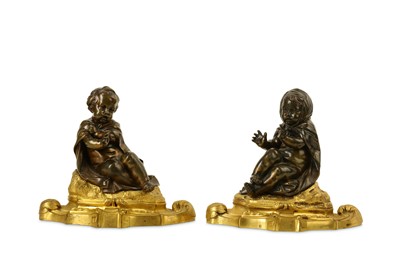 Lot 48 - A PAIR OF LATE 18TH / EARLY 19TH CENTURY FRENCH BRONZE ALLEGORICAL FIGURES OF PUTTI REPRESENTING WINTER IN THE MANNER OF JEAN-BAPTISTE PIGALLE (FRENCH, 1714-85)