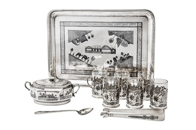 Lot 301 - A mid-20th century Iraqi unmarked silver and niello coffee service on tray, probably Basra circa 1940