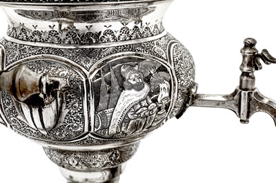 Lot 298 - A mid-20th century Iranian (Persian) unmarked silver samovar set on stand, Isfahan circa 1960