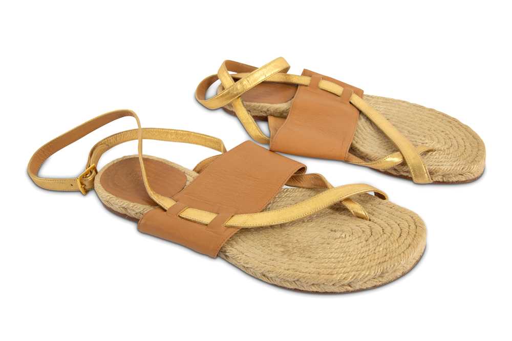 Lot 94 - Hermes Tan and Gold Espadrille Flat Sandals - Size 37