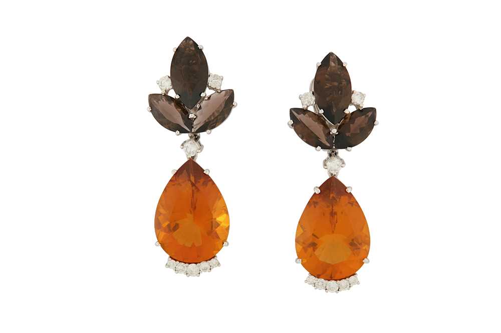 Lot 19 - A pair of gem-set pendent earrings Each...