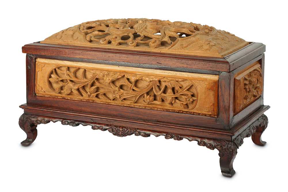 Lot 690 - A CHINESE BOXWOOD INSET HARDWOOD 'DRAGON AND PHOENIX' BOX AND COVER.