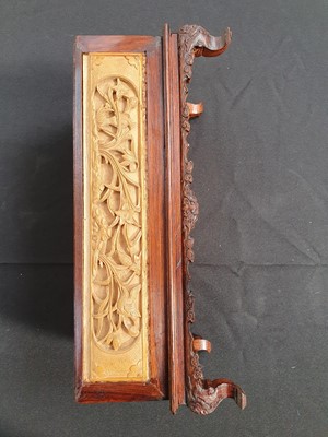 Lot 690 - A CHINESE BOXWOOD INSET HARDWOOD 'DRAGON AND PHOENIX' BOX AND COVER.