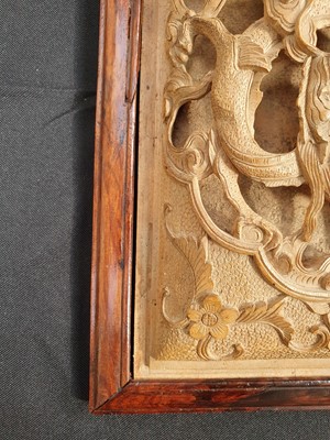 Lot 690 - A CHINESE BOXWOOD INSET HARDWOOD 'DRAGON AND PHOENIX' BOX AND COVER.