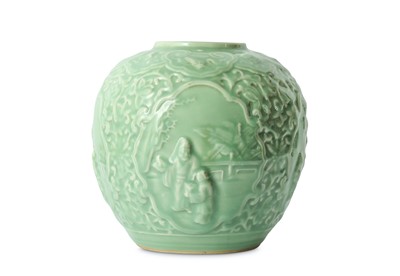Lot 364 - A CHINESE CELADON-GLAZED MOULDED 'SCHOLAR AND...