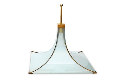 Lot 184 - 1970s: A glass pendant light, brass, glass,...