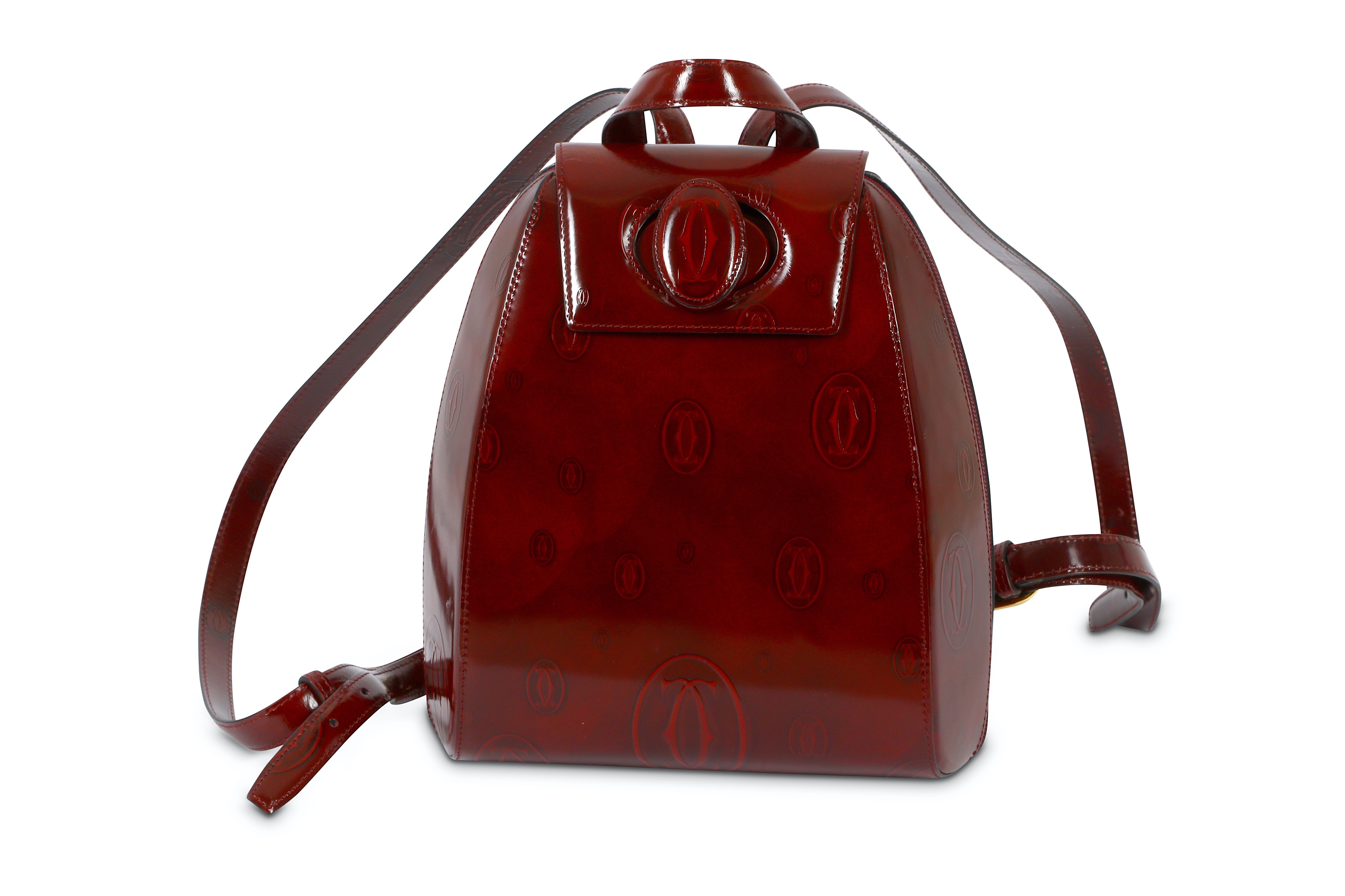 Vintage Cartier Happy Birthday Patent Leather Backpack Unisex Bordeaux Red Lot 206 - Cartier Embossed Bordeaux Patent Happy main image 3